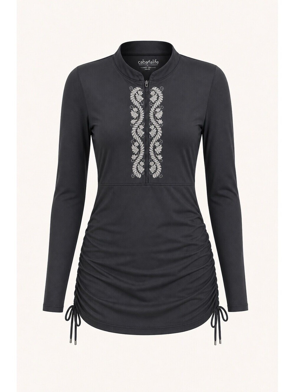 Cabana Life Embroidered Black Long Sleeve Ruched Rashguard Shirt Dress Sz L